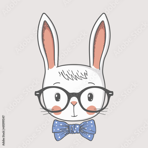 Cute rabbit, portrait with glasses. For t-shirt, mug, bag and other uses