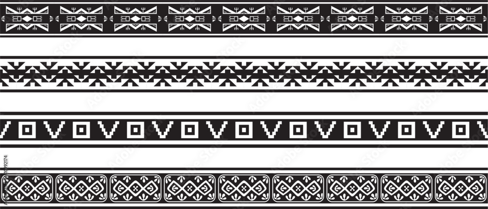 Vector set of seamless monochrome national native american ornaments. Endless ethnic black borders, frames of the peoples of America, Aztec, Maya, Incas. For sandblasting, plotter and laser cutting.. - obrazy, fototapety, plakaty 