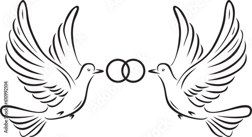 Vector monochrome loving flying doves with rings in their beak. Bird of love and hope. © Ana Lo