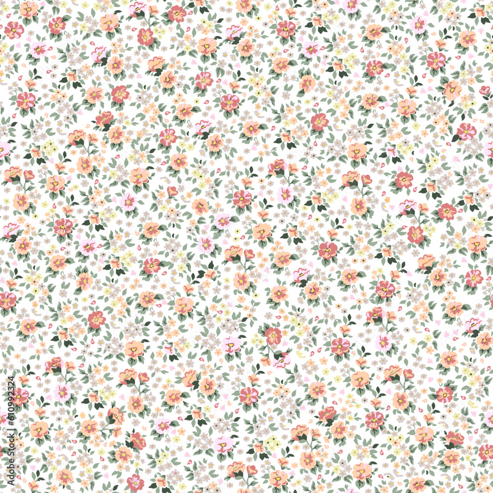 Floral pattern. Beautiful pink and red flowers on a white background. Seamless vector texture. Spring bouquet.