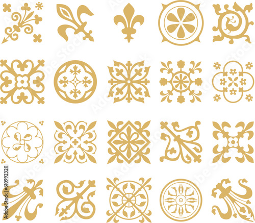 Vector golden set of ancient Roman ornament elements. Classic European parts of patterns. Lilies and crowns.. photo