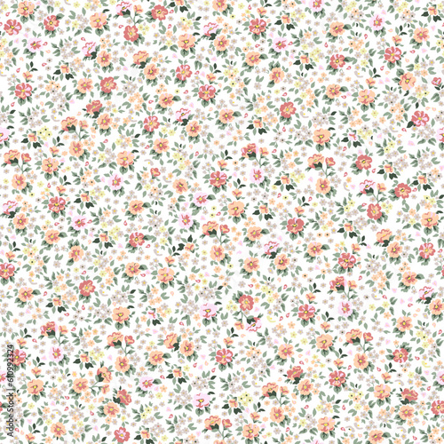 Floral pattern. Beautiful pink and red flowers on a white background. Seamless vector texture. Spring bouquet.