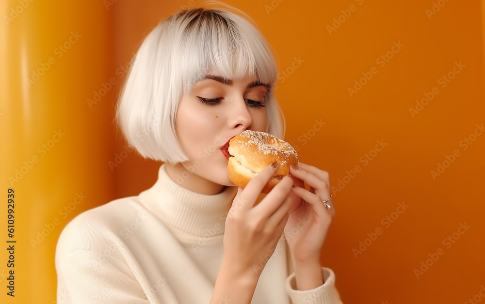 Young girl eating creme brulee bagel, creme bruleegle. French toast bagel. Generative AI Young girl eating creme brulee bagel, creme bruleegle. French toast bagel. Generative AI