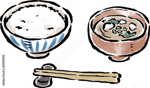 ご飯・味噌汁・箸　筆タッチイラスト