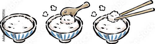 ごはんの入った茶碗　しゃもじで盛る　お箸でいただく　筆タッチイラスト