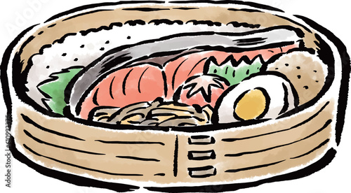 鮭弁当　曲げわっぱ　和風　筆タッチイラスト