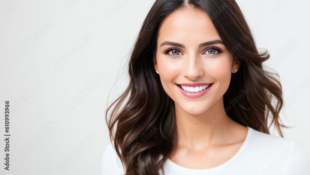 Portrait beautiful brunette model woman with white teeth smile, healthy long hair and beauty skin on light background. Concept of advertising dentist and facial care. Generative AI Portrait beautiful brunette model woman with white teeth smile, healthy long hair and beauty skin on light background. Concept of advertising dentist and facial care. Generative AI