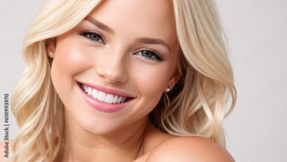 Portrait beautiful blonde model woman with white teeth smile, healthy long hair and beauty skin on light background. Concept of advertising dentist and facial care. Generative AI Portrait beautiful blonde model woman with white teeth smile, healthy long hair and beauty skin on light background. Concept of advertising dentist and facial care. Generative AI