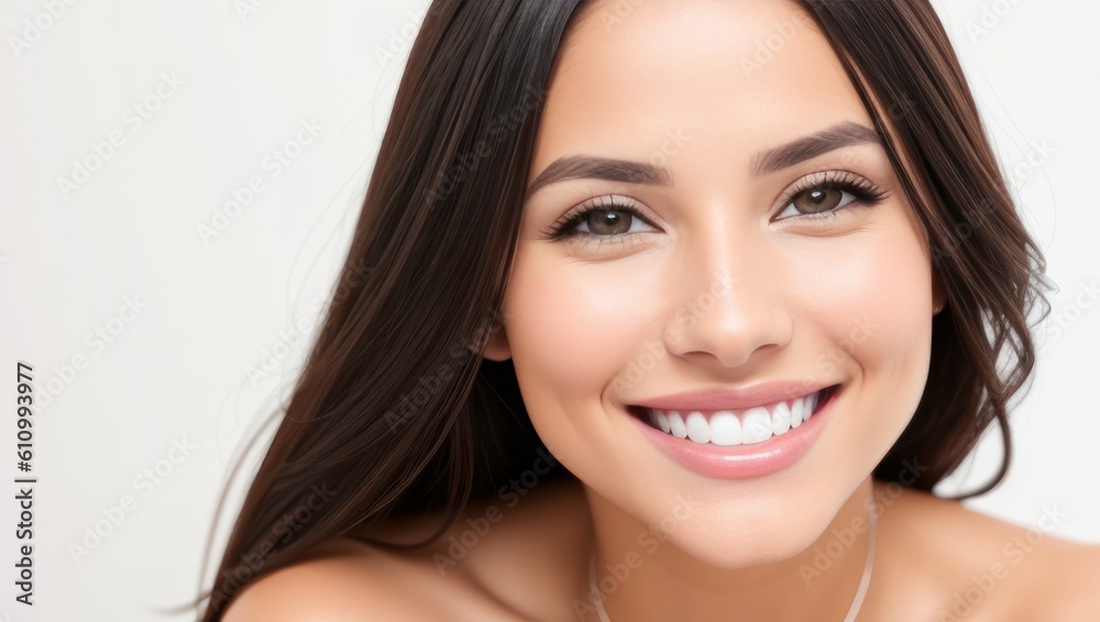 Portrait beautiful brunette model woman with white teeth smile, healthy long hair and beauty skin on light background. Concept of advertising dentist and facial care. Generative AI Portrait beautiful brunette model woman with white teeth smile, healthy long hair and beauty skin on light background. Concept of advertising dentist and facial care. Generative AI