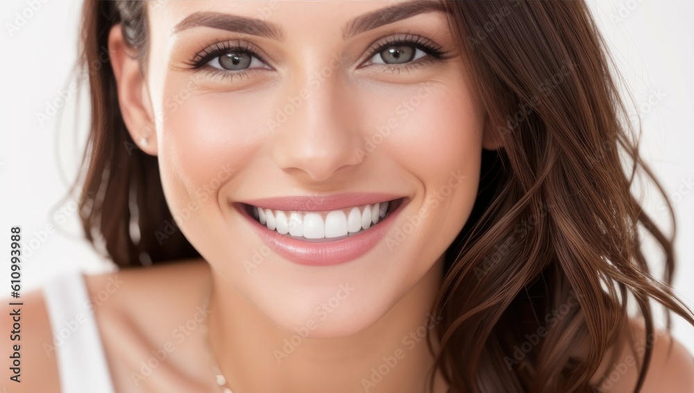 Portrait beautiful brunette model woman with white teeth smile, healthy long hair and beauty skin on light background. Concept of advertising dentist and facial care. Generative AI Portrait beautiful brunette model woman with white teeth smile, healthy long hair and beauty skin on light background. Concept of advertising dentist and facial care. Generative AI