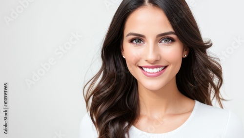 Portrait beautiful brunette model woman with white teeth smile, healthy long hair and beauty skin on light background. Concept of advertising dentist and facial care. Generative AI photo