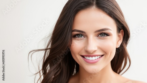 Portrait beautiful brunette model woman with white teeth smile, healthy long hair and beauty skin on light background. Concept of advertising dentist and facial care. Generative AI
