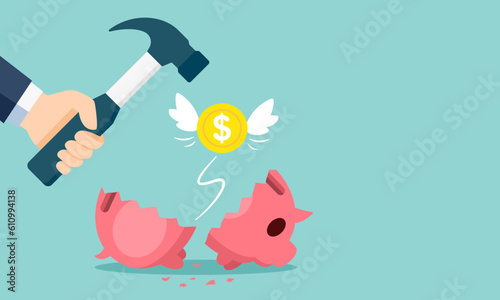 Broken Piggy bank and no savings money. No deposit and investment. Need money for the emergency concept. Vector illustration cartoon flat design for banner, poster, and background.