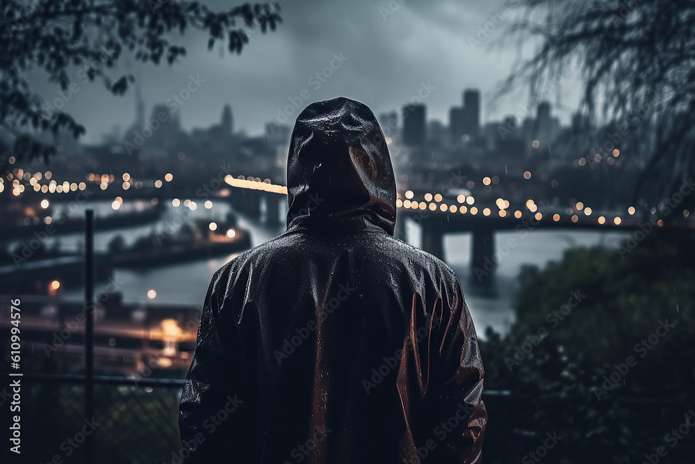 A faceless man in a hood on the background of the city at night. Generative AI illustration. A faceless man in a hood on the background of the city at night. Generative AI illustration.