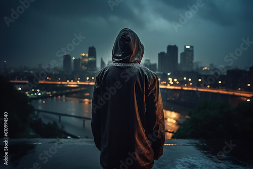 A faceless man in a hood on the background of the city at night. Generative AI illustration.