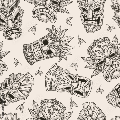 Tiki totems monochrome seamless pattern