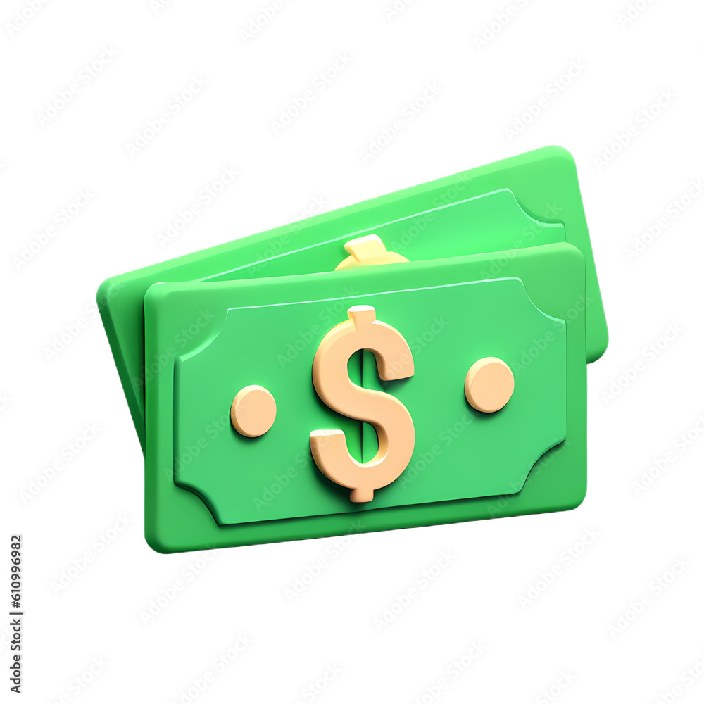 Dollar bill. Green 3d american money. Dollar banknote in cartoon style. Generative ai illustration isolated on transparent background Dollar bill. Green 3d american money. Dollar banknote in cartoon style. Generative ai illustration isolated on transparent background