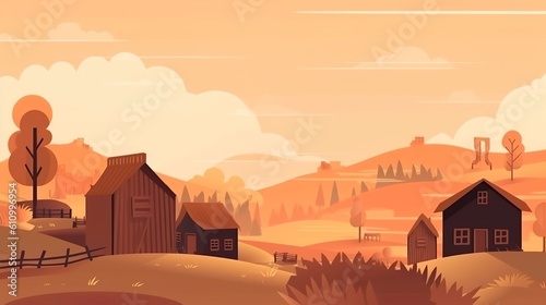 autumn landscape with mountains and house, illustration like background concept, generative ai