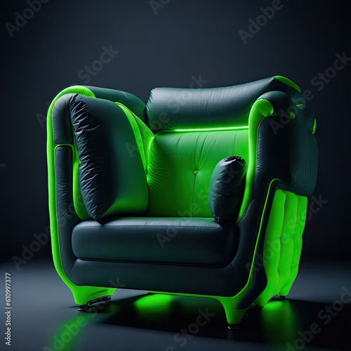 furniture design, armchair, inflatable, fluorescent green insiduprkbe, transparent, concept product design, futuristic, modern, generative AI