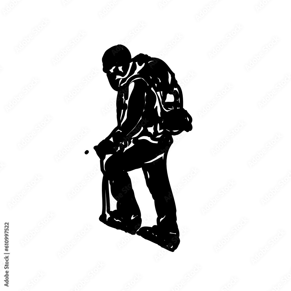 Fototapeta premium Black silhouette sketch of a mountain climber with transparent background