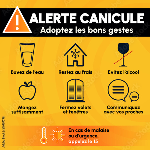 Alerte canicule  - Adoptez les bons gestes - Prévention autour des fortes chaleurs - Éléments vectoriels éditables - Format carré