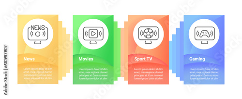 TV programs infographic chart design template. Television show. Streaming service. Editable infochart with icons. Instructional graphics with step sequence. Visual data presentation. Roboto font used photo