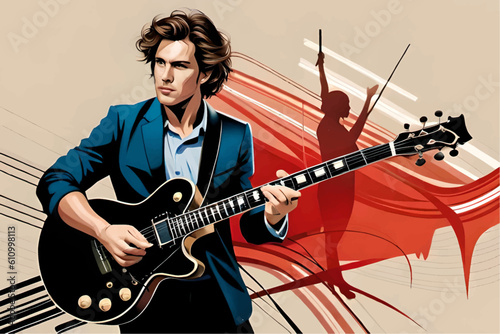 Music background. Male guitarist with a guitar. Abstract background.