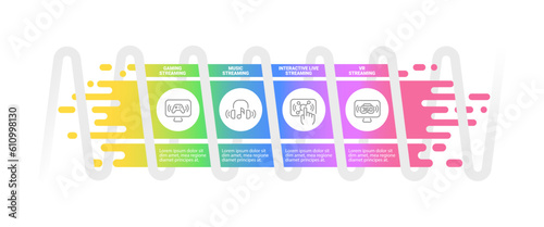 Streaming service for teens infographic chart design template. Online application. Editable infochart with icons. Instructional graphics with step sequence. Visual data presentation. Roboto font used