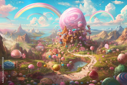 pink fairytale fantasy landscape with colorful sky and clouds, child book illustration concept, generative ai