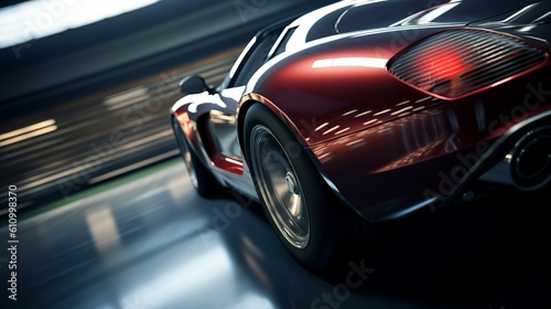 side view of a fast driving sport car, blurred motion background, generative ai © Gbor