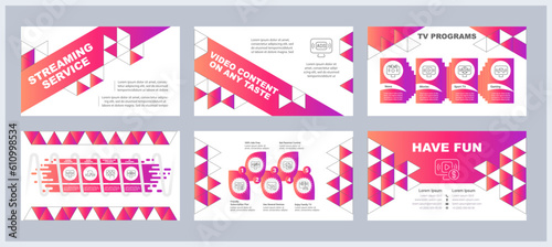 Streaming service presentation templates set. TV shows. Digital content provider. Online broadcast. Ready made PPT slides on white background. Graphic design. Arial, Myriad Pro fonts used