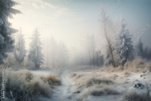 misty morning in the winter forest, landscape background concept, generative ai © Gbor