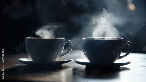 Two coffee cups with steam on table in a cafe. Generative AI.