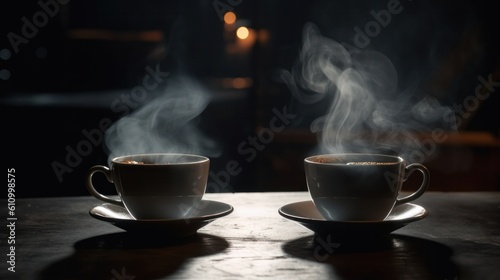 Two coffee cups with steam on table in a cafe. Generative AI.