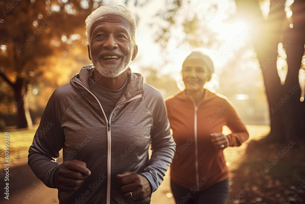 Healthy lifestyle , Happy senior couple jogging in the autumn park , Lifestyle lovely senior with warmth and smile , Created with generative AI Healthy lifestyle , Happy senior couple jogging in the autumn park , Lifestyle lovely senior with warmth and smile , Created with generative AI