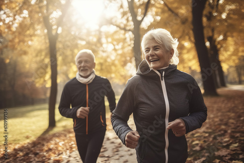 Healthy lifestyle , Happy senior couple jogging in the autumn park , Lifestyle lovely senior with warmth and smile , Created with generative AI