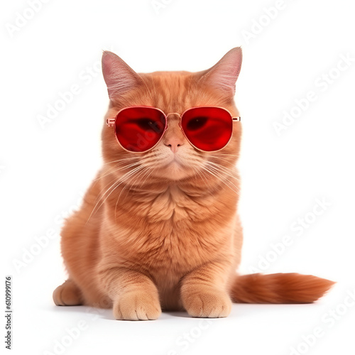 Red cat in sunglasses on white background. Generated AI