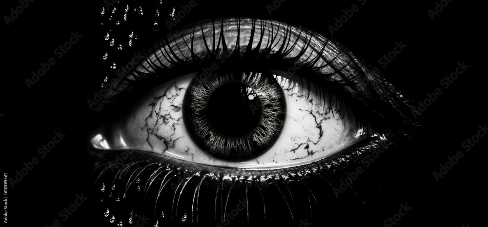 Obraz premium Eye symbol on a white background, graphic design poster art, noir comic art, eye symbol in black and white. Generative Ai.
