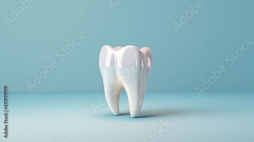 3d realistic white tooth isolated on a blue background photo