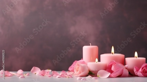 Spa concept pink flowers roses and candle light in spa salon background