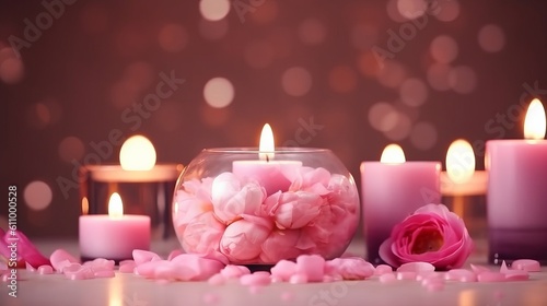 Pink candles with pink flowers and zen stones on wooden table. Beauty spa treatment and relax concept