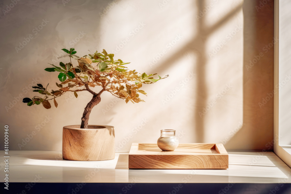 Empty table with wooden tray and potted tree opposite marble wall with window light. Scene stage showcase for beauty spa products, cosmetics, promotion sale or advertising. Front view. Generative ai Empty table with wooden tray and potted tree opposite marble wall with window light. Scene stage showcase for beauty spa products, cosmetics, promotion sale or advertising. Front view. Generative ai
