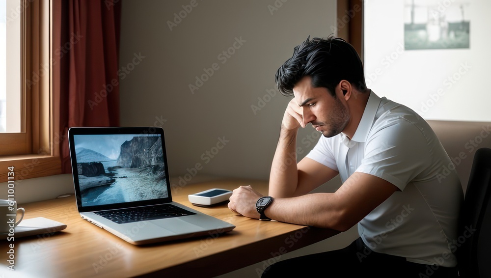 Man sit at table with notebook, touch forehead feels confused has business or computer problems. Bad news concept. Generative AI Man sit at table with notebook, touch forehead feels confused has business or computer problems. Bad news concept. Generative AI