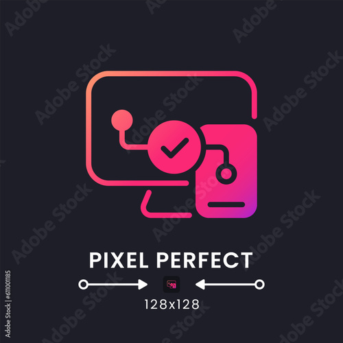 Cross-platform compatibility pink solid gradient desktop icon on black. Streaming on multiple devices. Pixel perfect 128x128, outline 4px. Glyph pictogram for dark mode. Isolated vector image