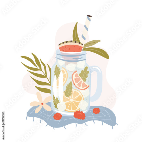 Jar of fresh summer ice lemonade. Vector illustration