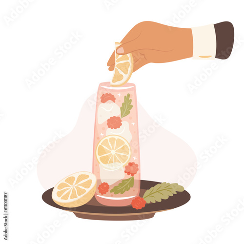 Hand adding lemon to the glass of fresh ice lemonade. Vector illustration