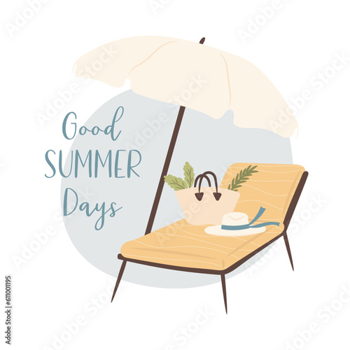Good summer beach days. Sun beds and umbrella on the beach. Vector illustration