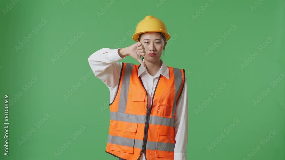 Asian Female Engineer With Safety Helmet Showing Thumbs Down Gesture And Shaking Her Head While Standing In The Green Screen Background Studio
Asian Female Engineer With Safety Helmet Showing Thumbs Down Gesture And Shaking Her Head While Standing In The Green Screen Background Studio