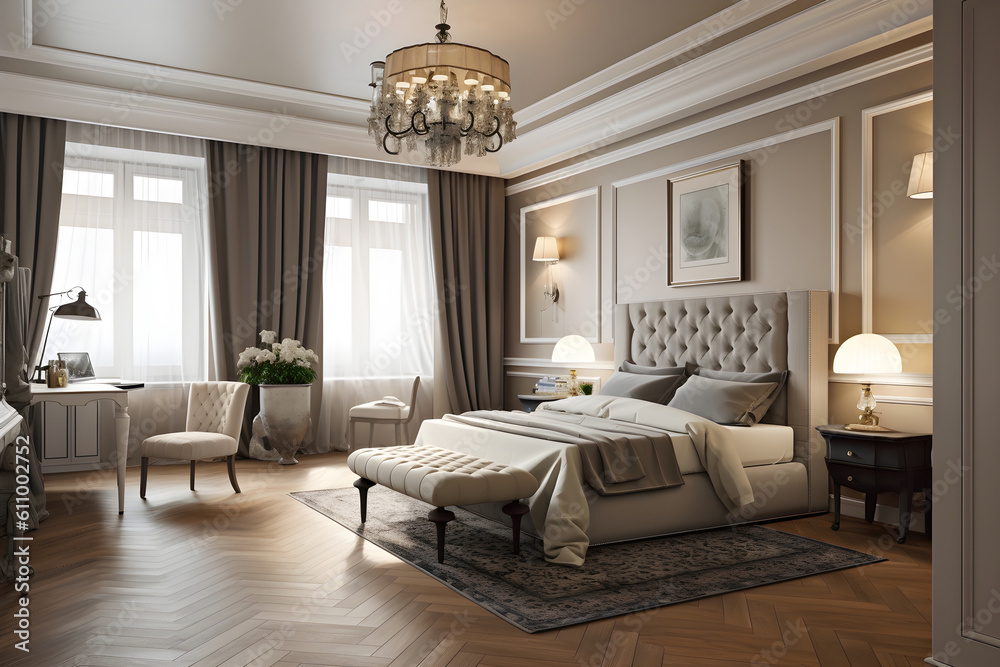 Fototapeta premium Classic style bedroom interior with modern bed in luxury house. Generative AI