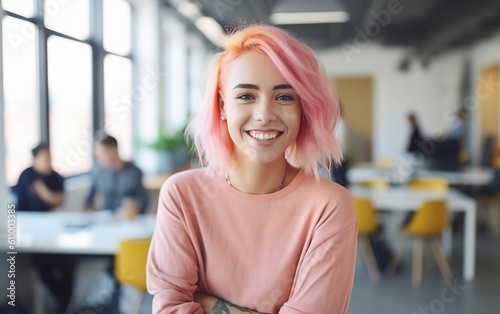 Young adult woman portrait with dyed hair on modern office background. Attractive and charming woman with colorful hair. Generative AI